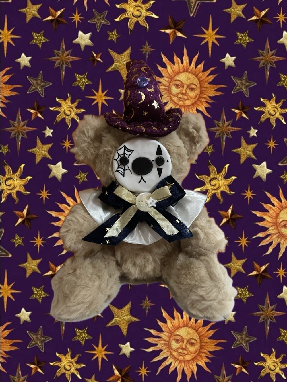 Cream Plush Bear Wizard with Purple Star Hat - Decorative Stuffed Animal